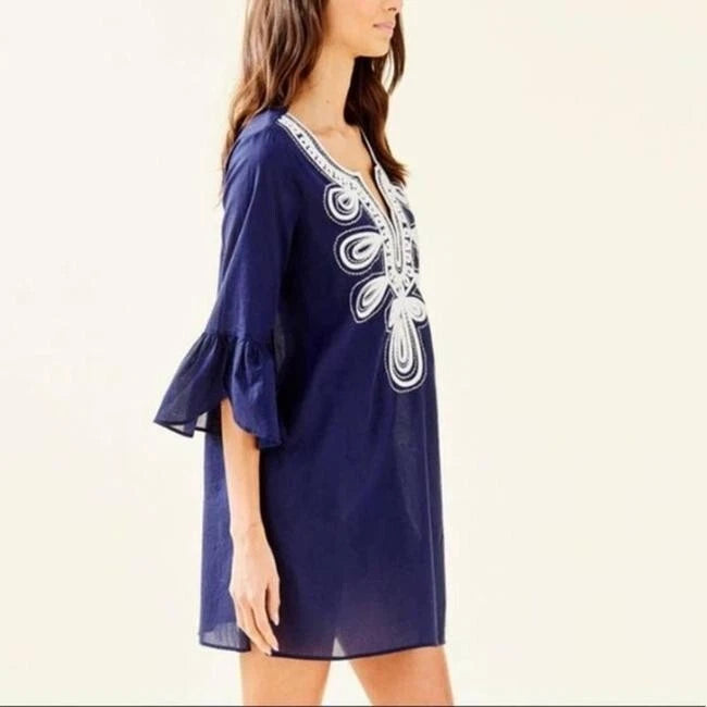 Lilly Pulitzer Piet Coverup Embroidered Mini Tunic Dress Shift Cotton XXS 273014